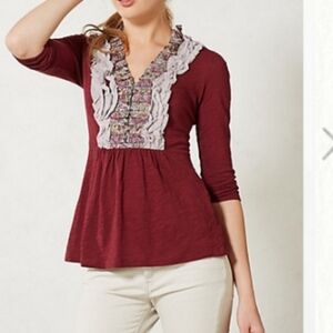 EUC Anthropologie Deletta Maroon 3/4 Sleeve Peplum Hem Ruffled Size XS Blouse!